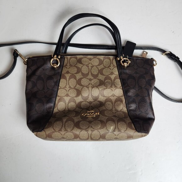 Coach Kacey Satchel In Blocked Signature Canvas IM/Khaki Brown Multi - Picture 1 of 16